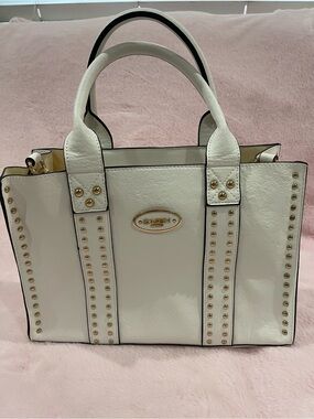 Dasein White Leather Studded Crossbody Tote